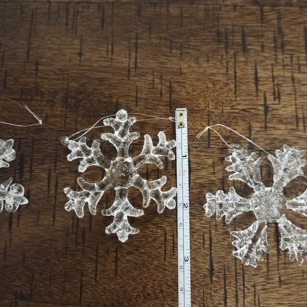Crate & Barrel Glass Flat Snowflake Ornaments Set of 3 Clear Christmas